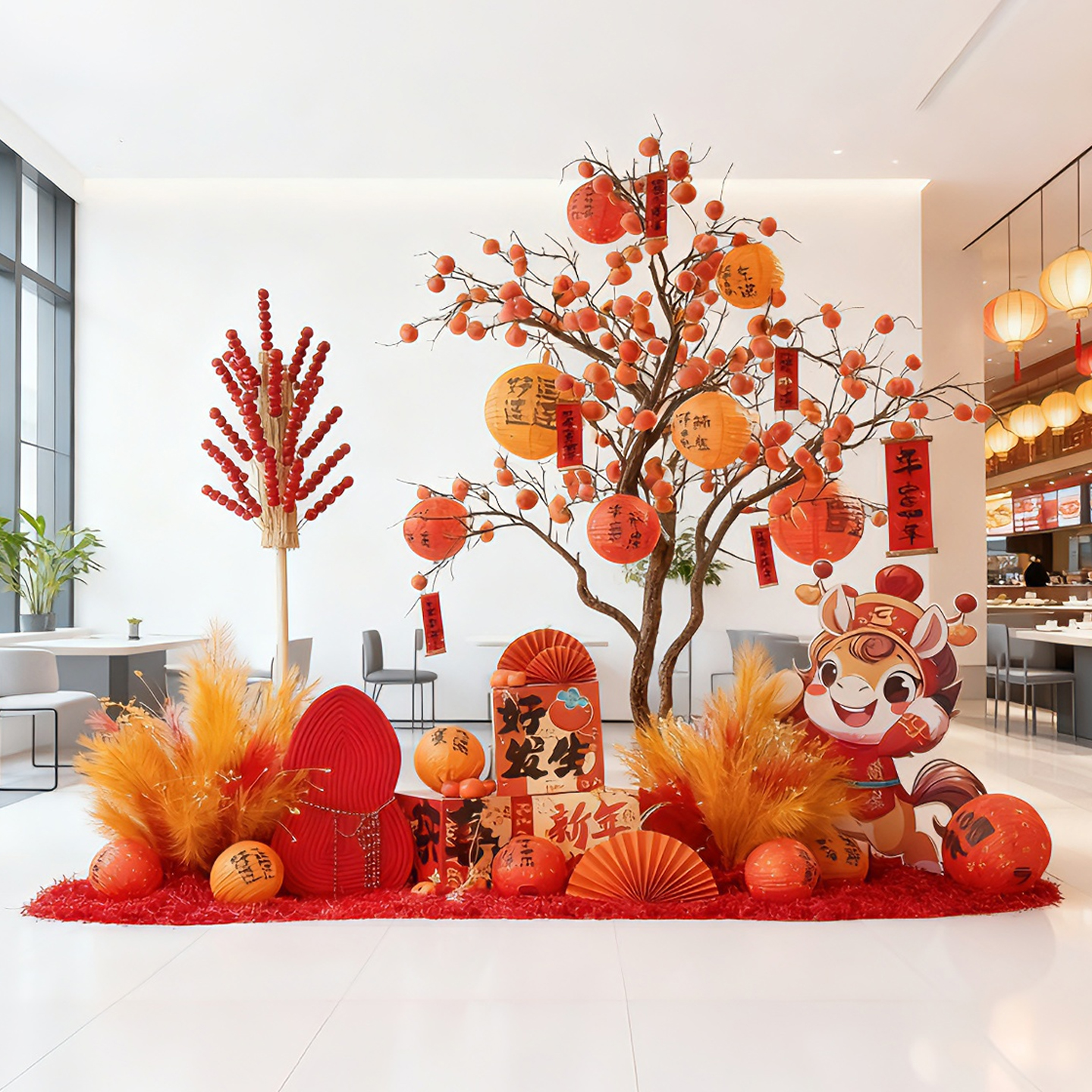 新年公司中式仿真柿子树造景装饰