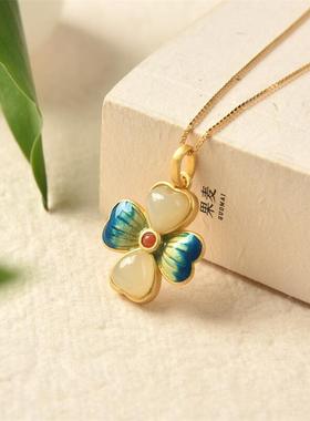 天然和田玉四叶花吊坠项链S925银镀金景泰蓝工艺天然玉时尚气质女