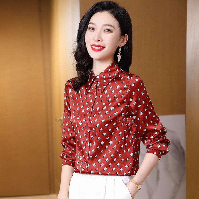 意冉高端真丝衬衫女新款长袖重磅桑蚕丝欧货时尚洋气衬衣妈妈上衣