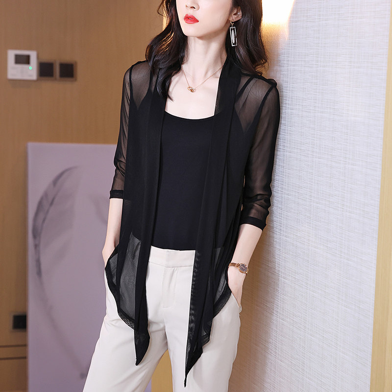 高端真丝防晒衣女新款夏黑色网纱薄款开衫不规则桑蚕丝小个子外套