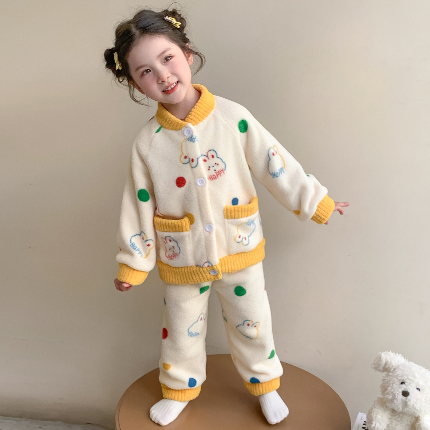 女童冬季圆点小兔法兰绒睡衣