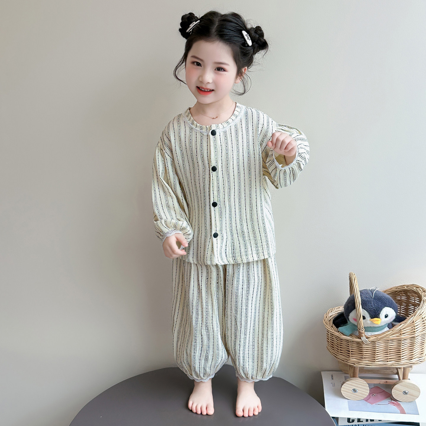 女童纯棉条纹家居服套装2026春季新款开衫可爱碎花舒适睡衣两件套