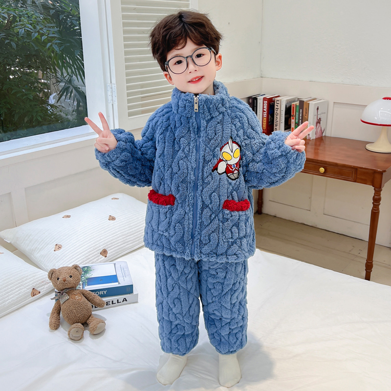 男童冬季立领三层夹棉睡衣