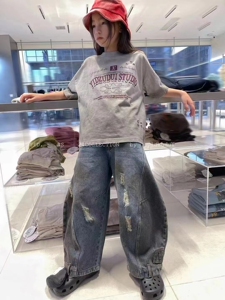 韩童装2024春秋装新品男童设计师款个性牛仔裤女童磨破老爹裤潮