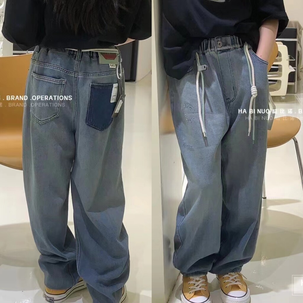 哈比诺高端童装2026春夏新品男童纯棉牛仔老爹裤女童哈伦裤中大