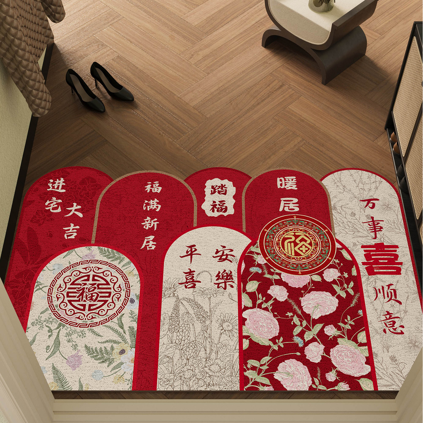 新中式入户门地垫进门脚垫家用红色丝圈门垫耐脏防滑玄关门口垫子