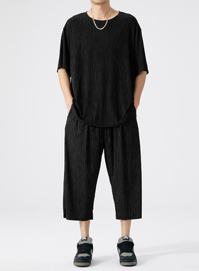 M951+G3716大码冰丝套装加肥加胖子短袖七分裤弹力运动家居服男装