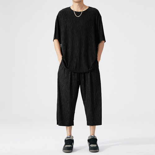 M951+G3716大码冰丝套装加肥加胖子短袖七分裤弹力运动家居服男装