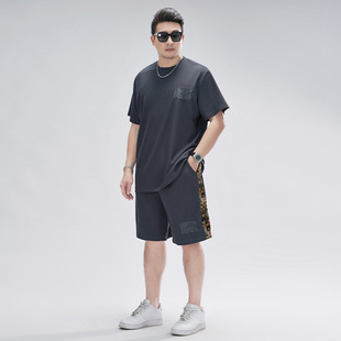 加肥加大码华夫格套装男短袖冰丝凉速干大码休闲运动装300斤潮男