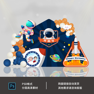太空场景宇航员主题宝宝宴满月百天周岁生日派对背景设计素材0222