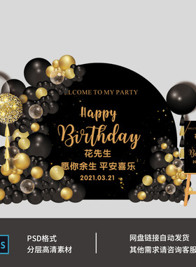 黑金主题宝宝宴生日百日周岁宴气球派对背景布置设计素材PSAI0315