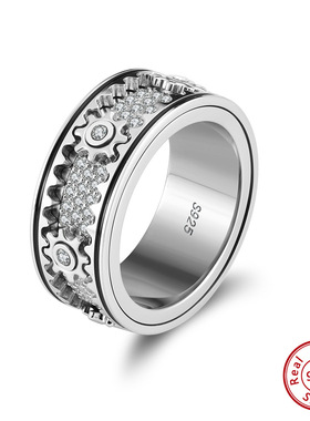 欧美S925银机械齿轮转动戒指男女款个性纯银镀白金满天星指环解压