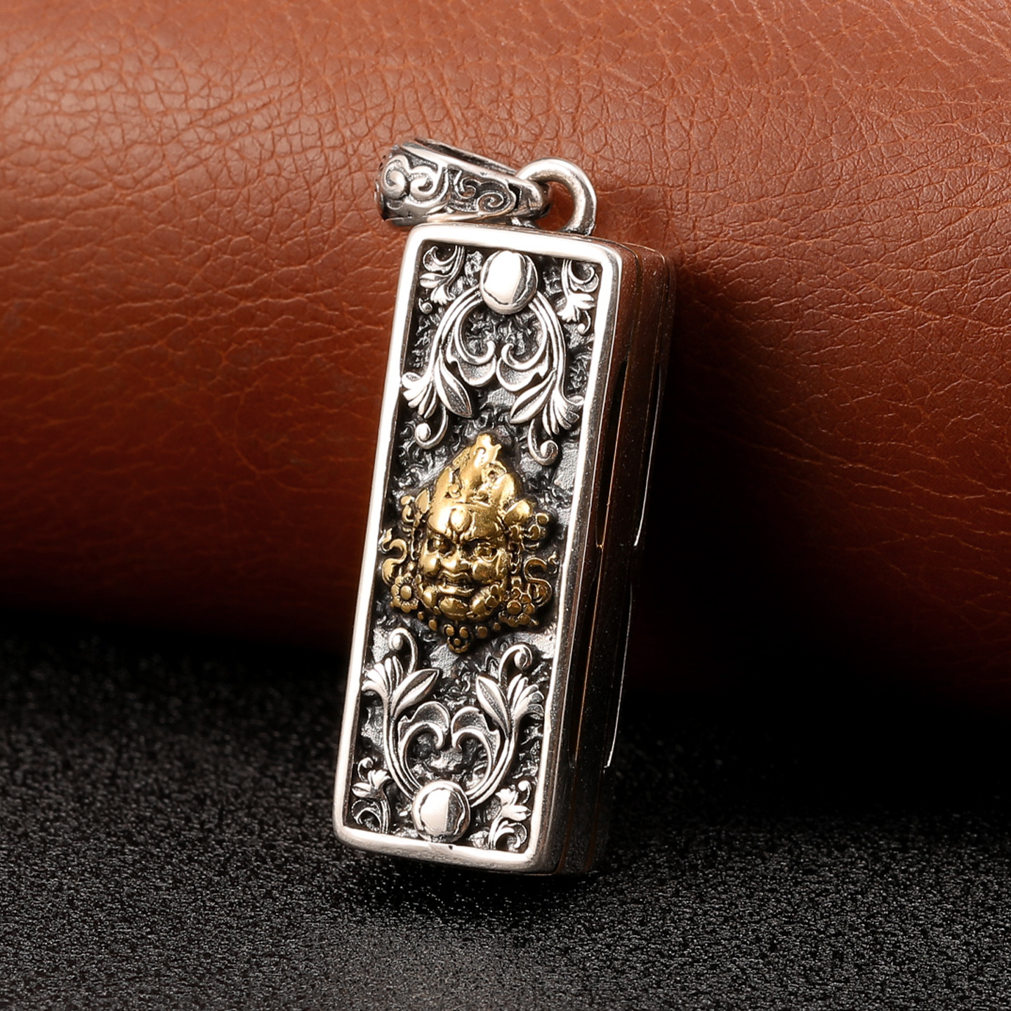 国潮复古纯银镶铜黄财神口琴吊坠
