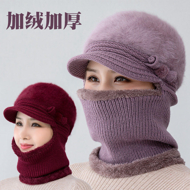 冬天帽子女士连体帽中老年人保暖妈妈加绒厚毛线帽防风帽骑车围脖