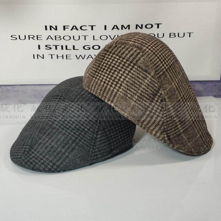 老人帽子爷爷鸭舌帽男秋冬时尚休闲格子前进帽高档中老年人毛呢帽
