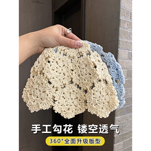 手工钩花帽子女日系镂空透气针织帽春夏百搭套头帽民族毛线帽薄款