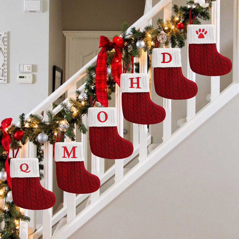 字母圣诞袜针织圣诞树挂件红色毛线刺绣节装饰品Christmas socks