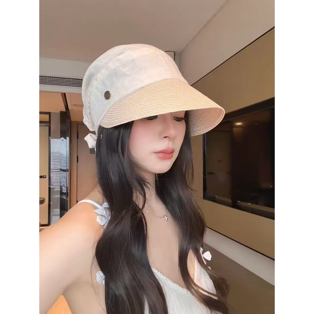 韩系时尚气质素颜遮阳帽子女士夏季薄款透气绑带头巾帽百搭鸭舌帽