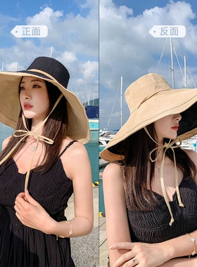 18CM超大帽檐遮脸双面渔夫帽女夏季韩版遮阳防晒防紫外线太阳帽子