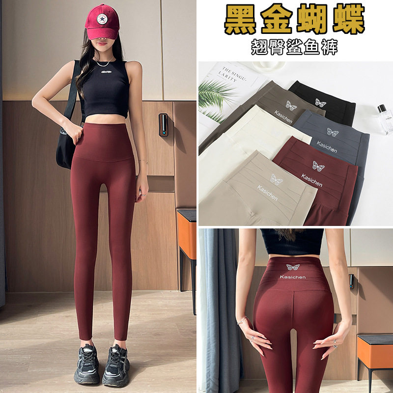 黑金蝴蝶鲨鱼裤女春秋新款双交叉腰打底裤紧身高腰收腹瑜伽塑形裤图片
