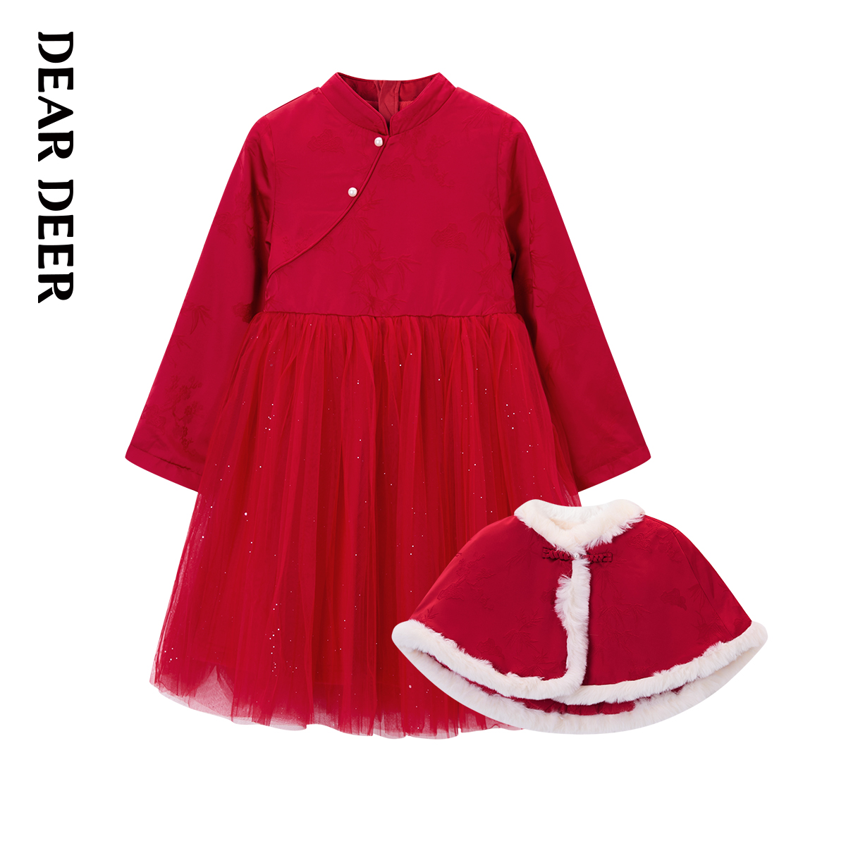 迪迪鹿女童拜年服冬季儿童新中式连衣裙套装裙国风加绒加厚新年服