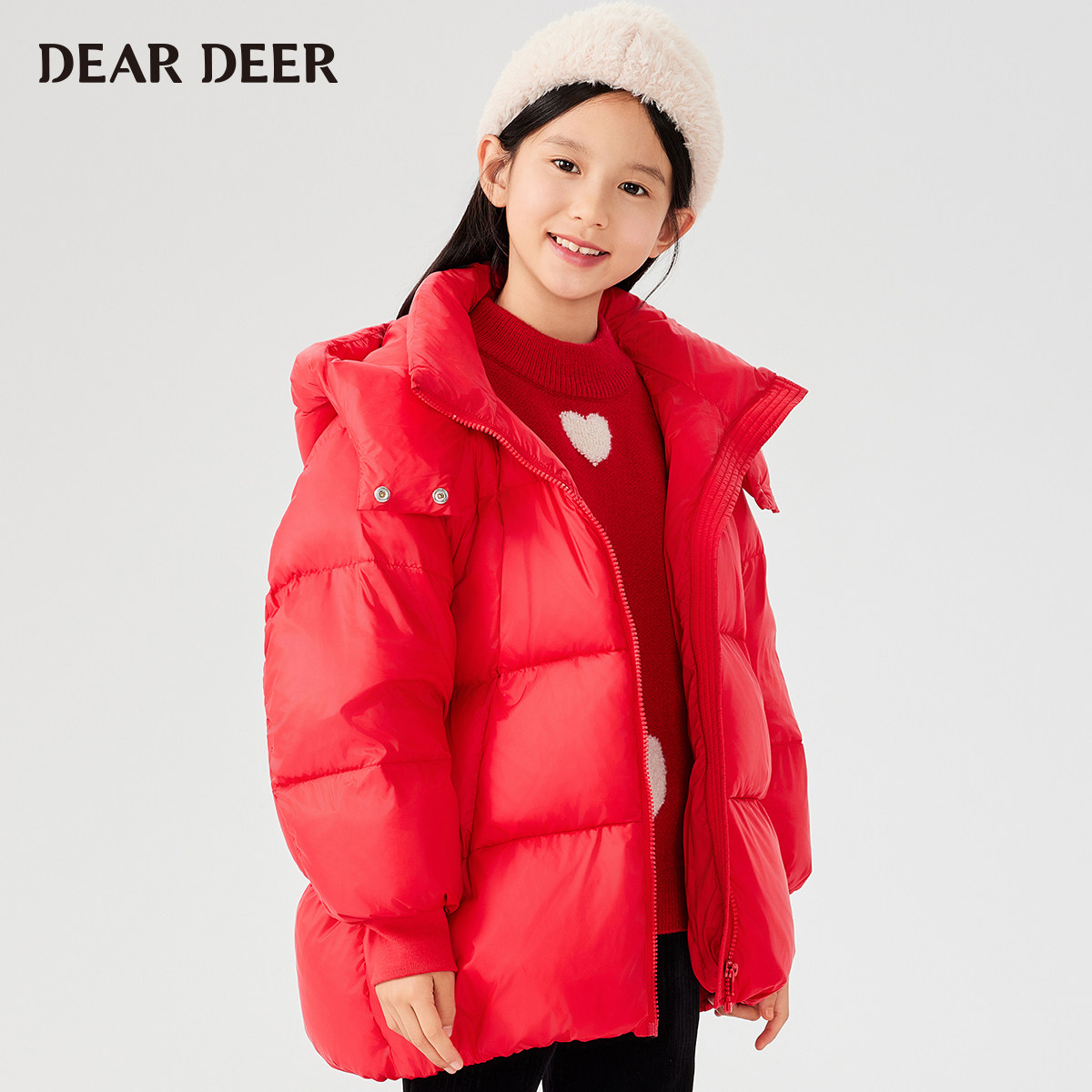 迪迪鹿女童羽绒服2025冬季新款儿童红色连帽外套加厚保暖羽绒服