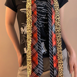 女生领带手打条纹格子长条丝巾腰带休闲百搭配衬衣豹纹黑白5CM窄