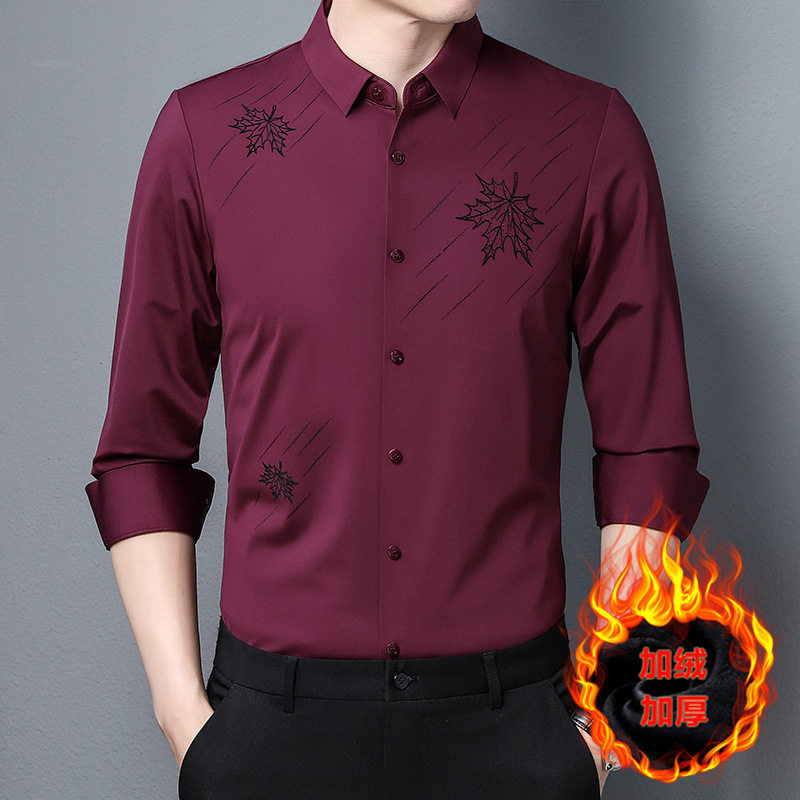 红色喜公公衣加绒长袖衬衣中年男装爸爸穿的衬衫结婚礼服婚宴正装