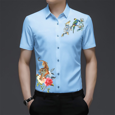 夏季婚礼短袖衬衫男士韩版修身中国风