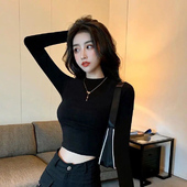 女上衣半高领高腰短款 漏肚脐长袖 t恤修身 欧美露脐短款 纯色衫 女t恤