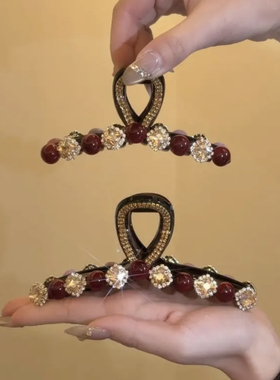新款水钻红色珠珠抓夹女后脑勺发量多鲨鱼夹子大号高级感发夹头饰