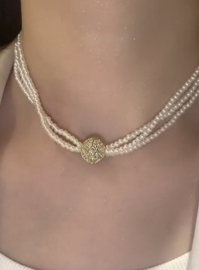 韩国复古简约宫廷风珍珠多层项链超闪设计高级感锁骨链气质颈链