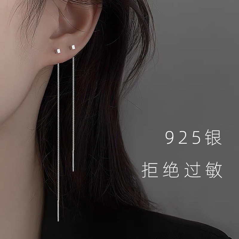S925银小方块耳线女养耳洞2026年新款潮长款耳环圆脸显瘦时尚百搭