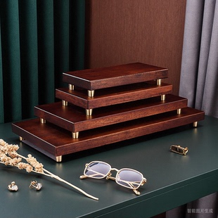 仿胡桃木搭配底座新中式摆件长方形实木质带铜底工艺品底座