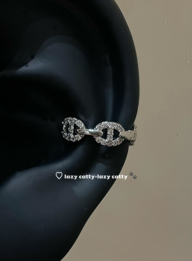 lazy catty精致镶钻银色复古耳环女直针耳蜗环个性百搭猪鼻耳扣
