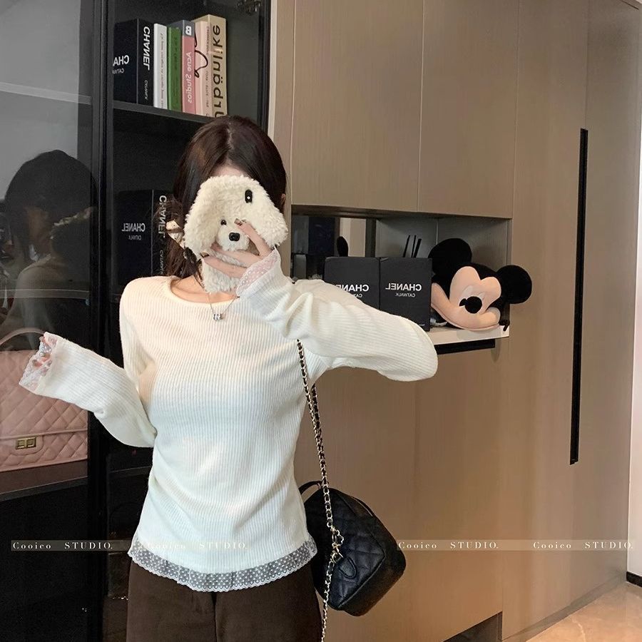 韩系蕾丝拼接针织打底衫