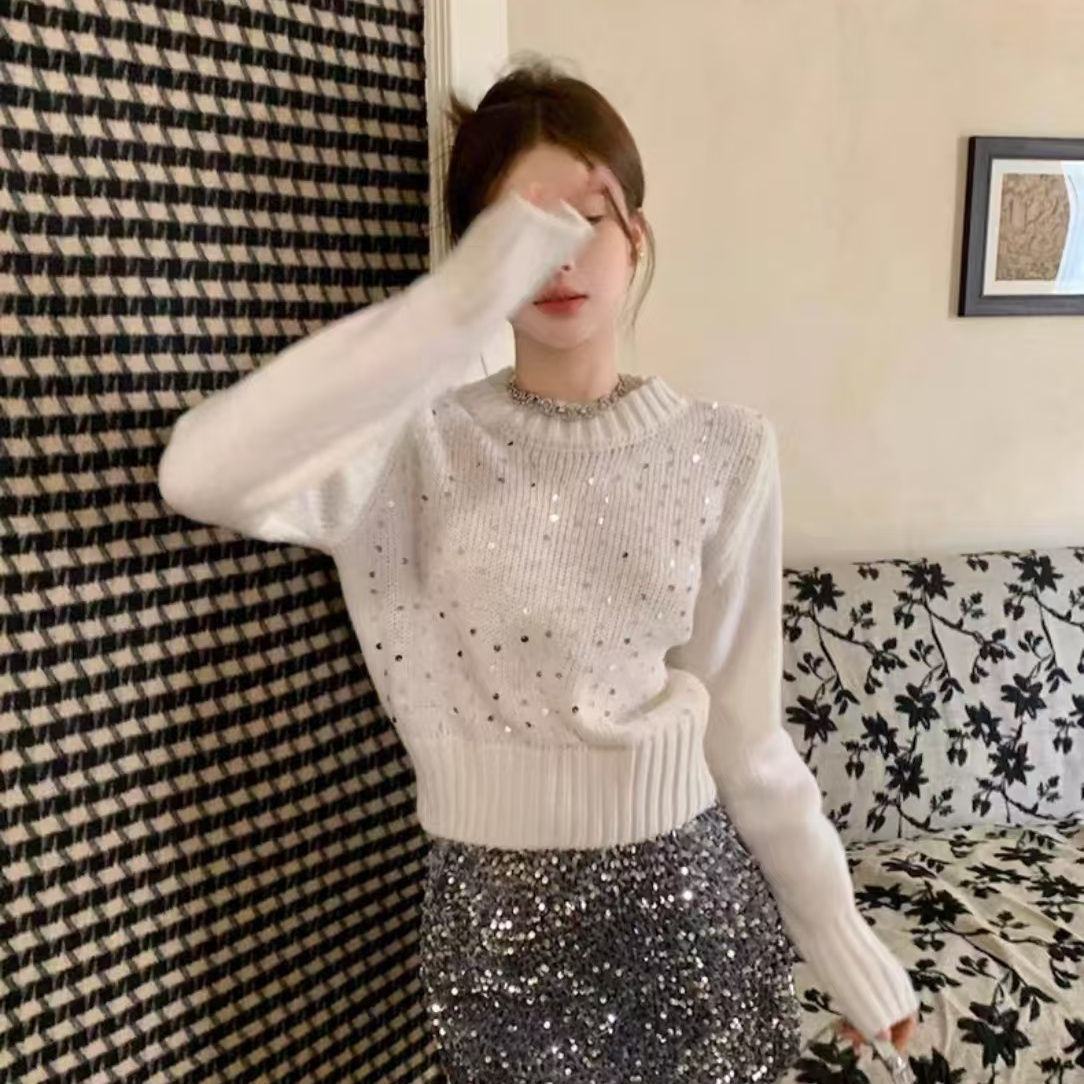 实拍法式亮片针织衫上衣