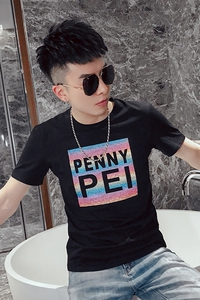 T21-P40  夏季潮流修身短袖个性印花半袖衫男时尚百搭反光T恤2图片