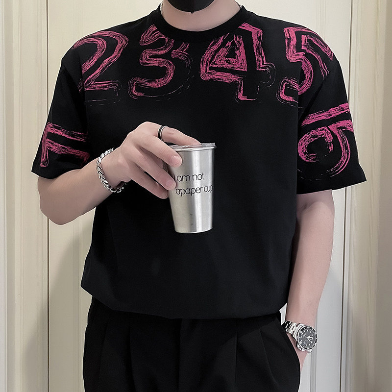 无头X25-特P48夏季T恤短袖网红潮牌男装上衣2024新薄款痞帅,男装T恤,电商A257