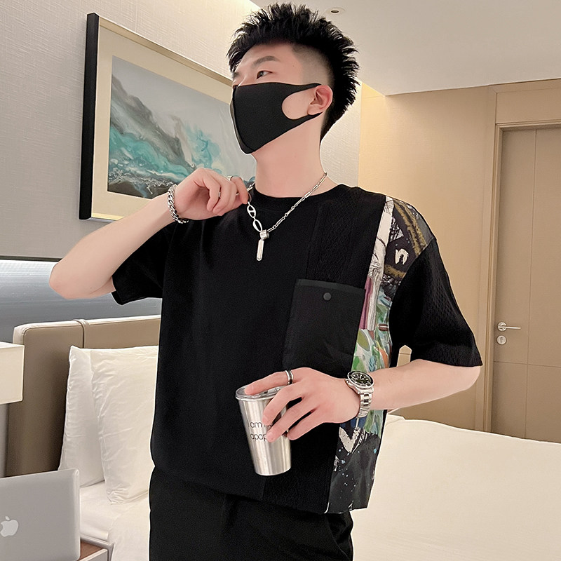 T42-P58拼接设计感短袖t恤男夏季新款衣服纯潮牌男装上衣痞帅,男装T恤,电商A257