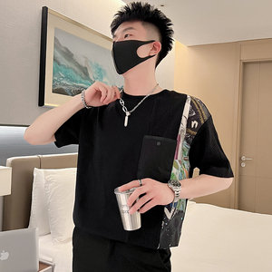 T42-P58拼接设计感短袖t恤男夏季新款衣服纯潮牌男装上衣痞帅