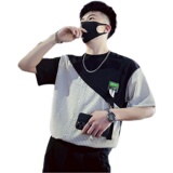 T38-特P58拼接条纹T恤男夏季短袖2023潮流男装休闲个性ins潮牌1，男装T恤，电商A257