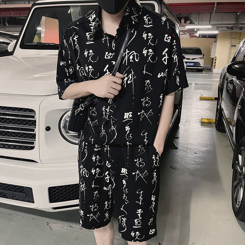 X58-P98风印花时尚套装男士夏季冰丝短袖搭配五分短裤潮流,男装T恤,电商A257