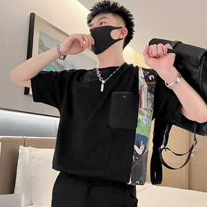 T42-P58 拼接设计感短袖t恤男夏季新款衣服纯潮牌男装上衣痞帅1图片