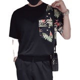 T82-P58夏季男民族风高级设计感拼接个性痞帅短袖T恤印花潮牌1，男装T恤，电商A257