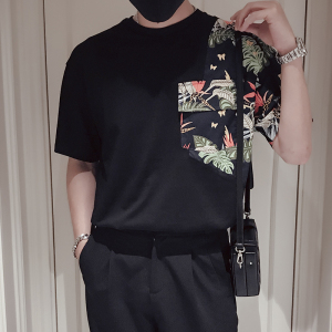 T82-P58 夏季男民族风高级设计感拼接个性痞帅短袖T恤印花潮牌图片