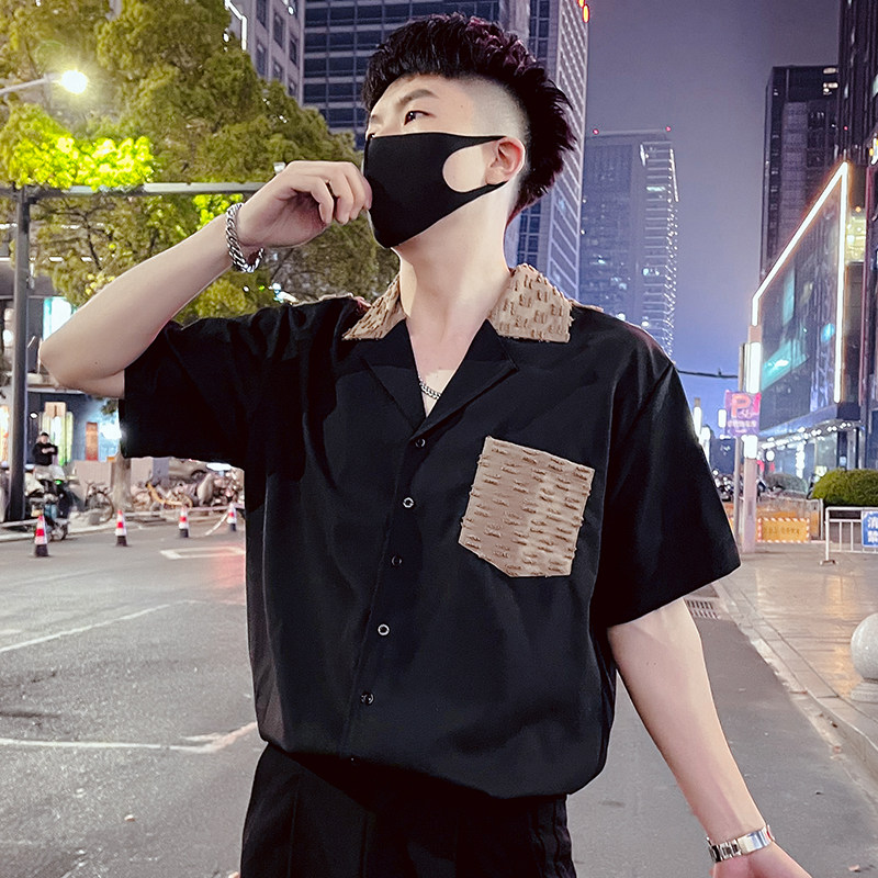 T73-P58夏季潮流时尚个性拼接设计感短袖发型师时尚韩版衬衣3,男装衬衫,电商A257