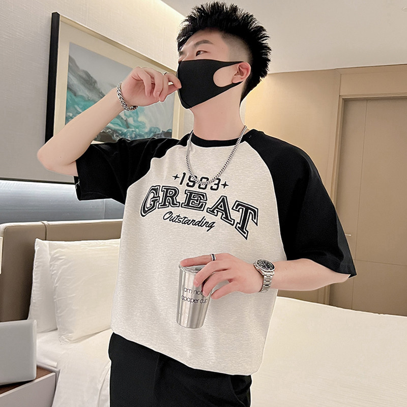 T47-P55 夏季拼接T恤男潮流宽松男装上衣2023新款夏装白色短袖1图片
