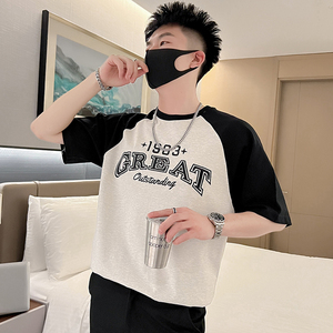 T47-P55 夏季拼接T恤男潮流宽松男装上衣2023新款夏装白色短袖1图片