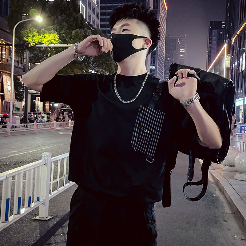 T37-特P48 拼接条纹T恤男夏季短袖2023潮流男装休闲个性ins潮牌3图片